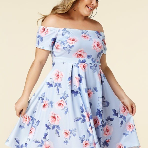YOINS Plus Size Blue Random Floral Print Off The Shoulder Dress 2