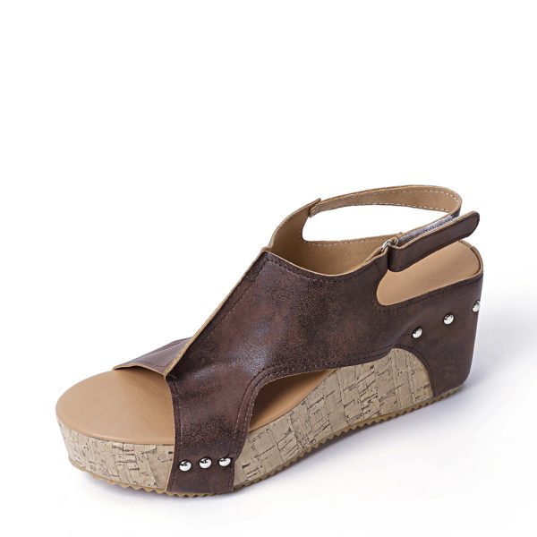 Brown Peep Toe Rivet Design Wedge Sandals 2