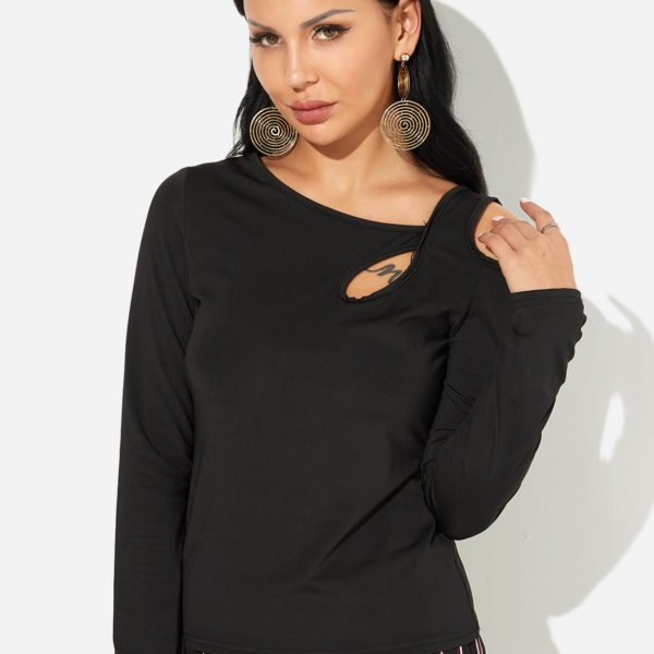 Black Cut Out One Shoulder Long Sleeves T-shirt 2
