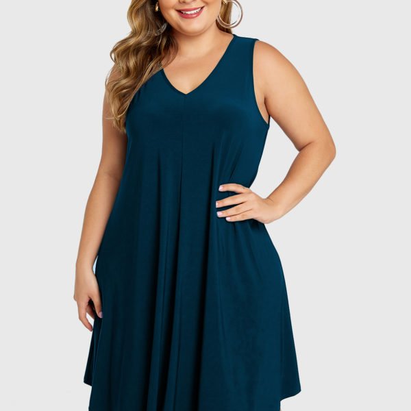 YOINS Plus Size Lake Blue V-neck Sleeveless Dress 2