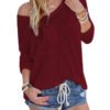 Burgundy Sexy V Neck Long Sleeves Knitted T-shirt 3