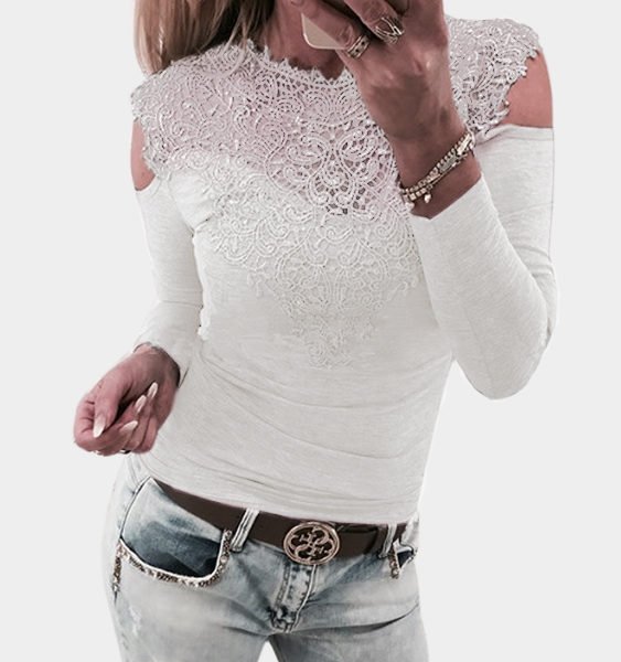 Bodycon White Cold Shoulder Lace Insert Long Sleeves T-shirt 2