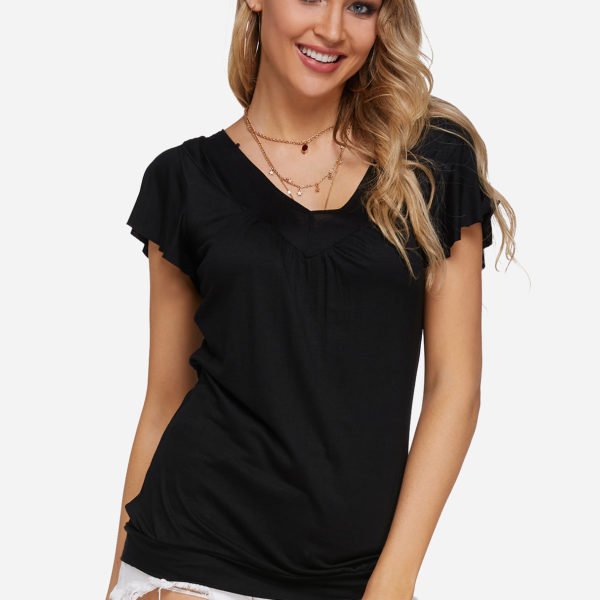 Black Pleated Design V-neck Ruffle Sleeves T-shirt 2