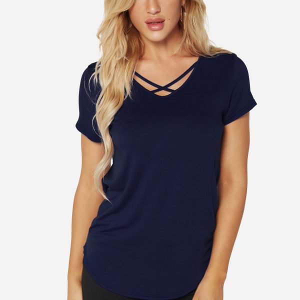 Navy Crossed Front Design V-neck Short Sleeves Casual Tee 2