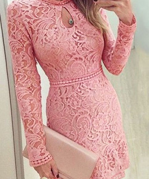 Pink Lace Design Crew Neck Long Sleeves Dress 2