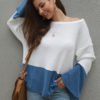 Blue Color Blocking Wide Round Neck Long Sleeves Jumper 3