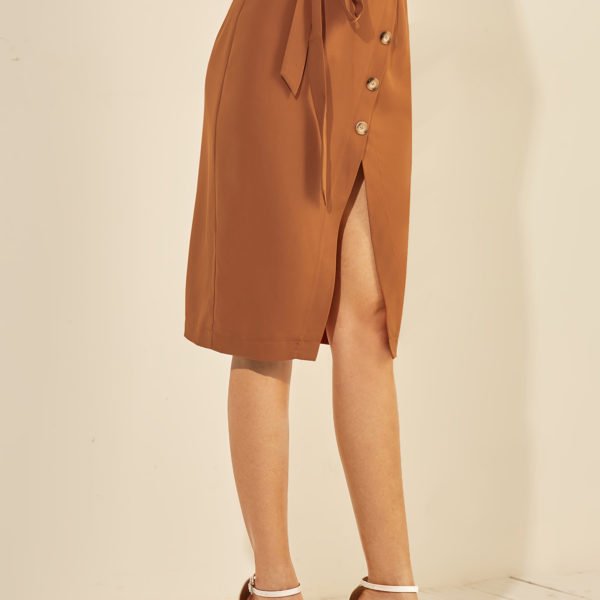 YOINS Brown Button Design Slit Hem Midi Skirt 2