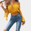 Yellow Off-The-Shoulder Long Flared Sleeves Crop Top 3
