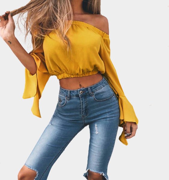 Yellow Off-The-Shoulder Long Flared Sleeves Crop Top 2