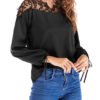 Black Mesh Lace-applique V-neck Long Sleeved Tie-up Cuffs Blouse 3