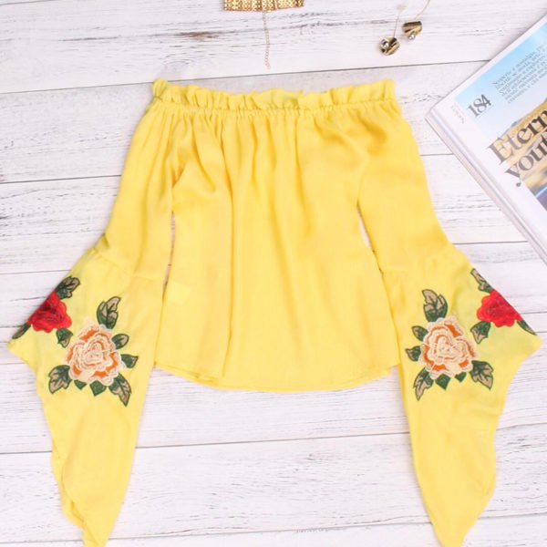 Yellow Embroidered Off The Shoulder Bell Sleeves Blouses 2