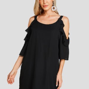 YOINS Black Ruffle Trim Plain Cold Shoulder Round Neck Loose Waist Dress