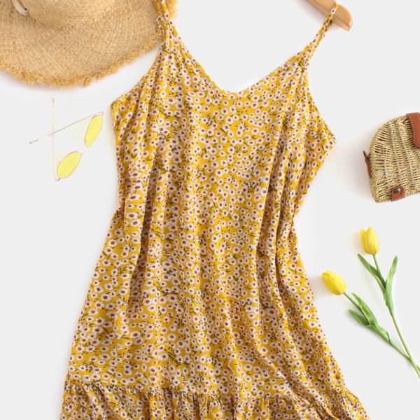 Yellow Floral print V Neck Backless Dress With Flounced Hem 2