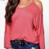 Red Causal Round Neck Cold Shoulder Long Sleeves T-shirts 3