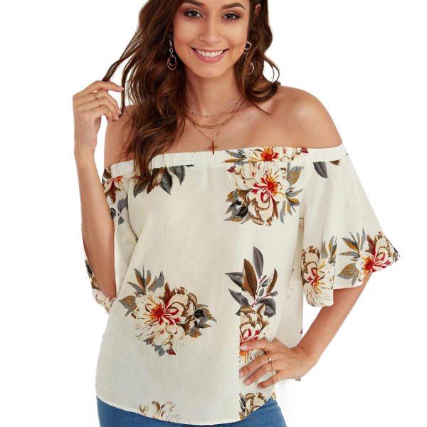 White Floral Print Off The Shoulder Half Flared Sleeves Blouse 2