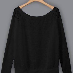Black Lace Insert Round Neck Long Sleeves Top