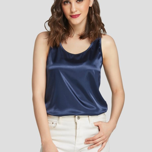 Navy Satin Round Neck Sleeveless Camis 2