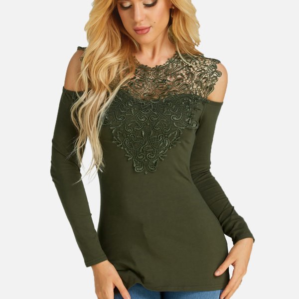 Army Green Lace Insert Cold Shoulder Long Sleeves Causal T-shirt 2