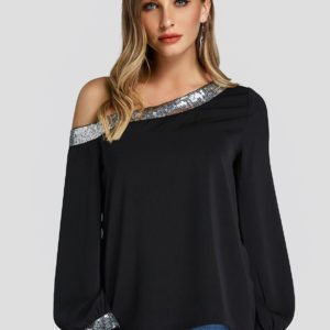 Black Sequins Embellished One Shoulder Blouse