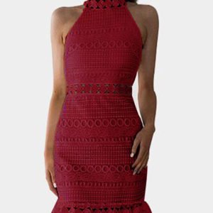 Red Lace Cut Out Design High Neck Sleeveless Dress