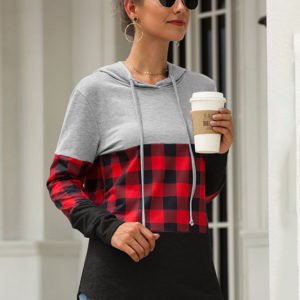 Drawstring Design Patchwork Check Long Sleeves Hoodie