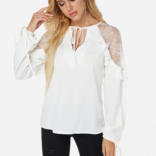 White Lace Details See Through Lace Up Details V-neck Blouse 2