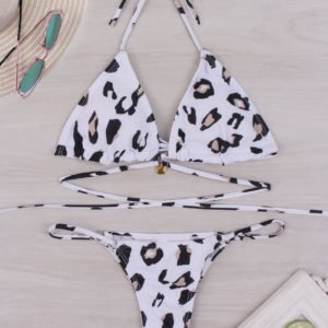 White Leopard Pattern Halter Bikini Set