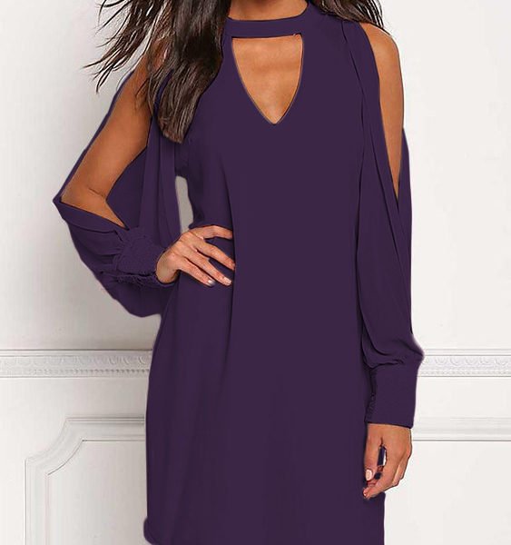 Purple V-neck Cold Shoulder Long Sleeves Chiffon Dress 2
