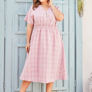 Plus Size Pink Button Design Plaid V-neck Short Sleeves Dress