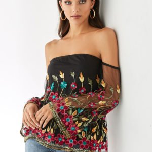 YOINS Black Off the shoulder Mesh Random Floral Print Blouse