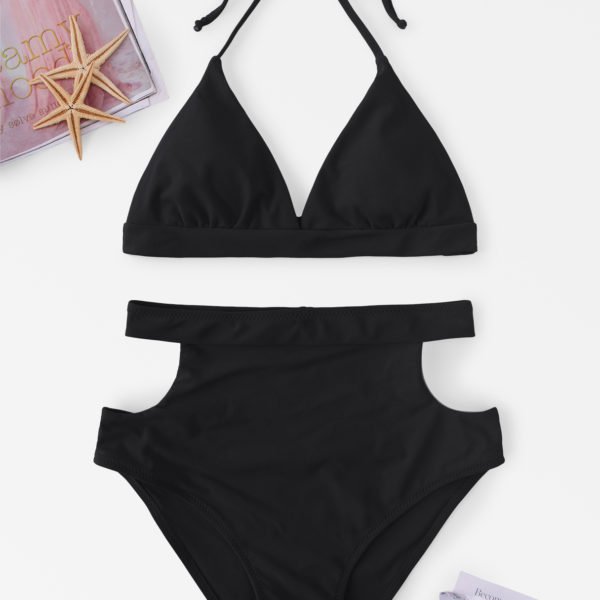 Self-tie Halter Neck Cut Out Design High Waist Bikini Set in Black 2