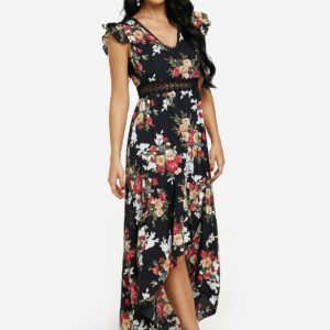 Black Floral Print Crochet Lace Trim Open Back Maxi Dress