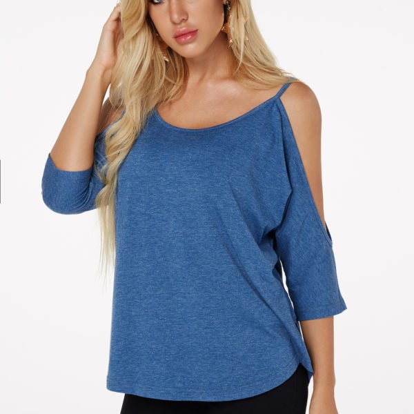 Blue Cold Shoulder 3/4 Length Sleeves T-shirt 2