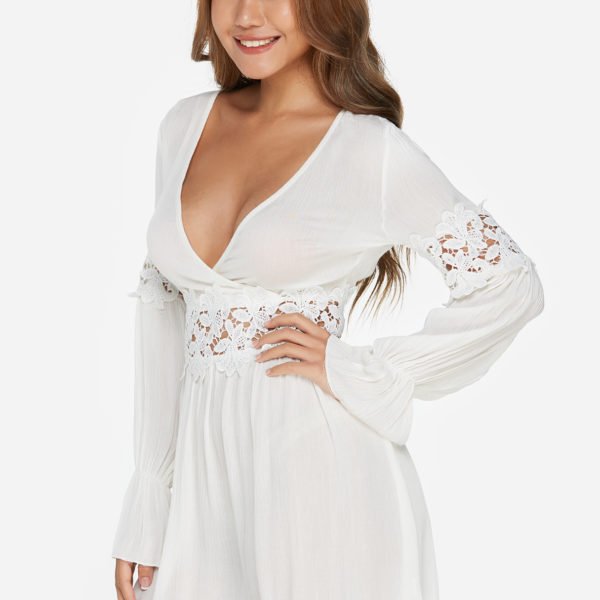 White Backless Lace Design Deep V Neck Long Sleeves Dress 2
