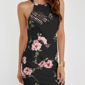 Black Halter Random Floral Print Mini Dress