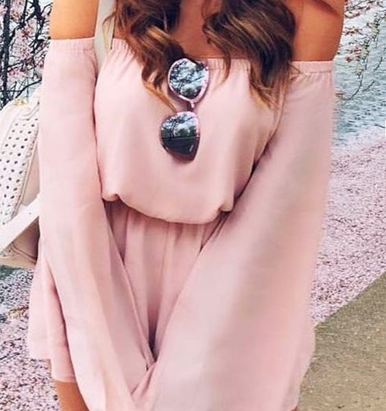 Pink Off The Shoulder Long Sleeves Stretch Waistband Playsuits 2