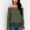 Army Green Hollow Design Plain Off The Shoulder Long Sleeves Blouse 3
