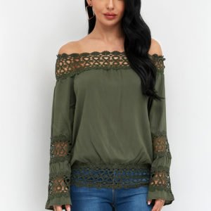 Army Green Hollow Design Plain Off The Shoulder Long Sleeves Blouse