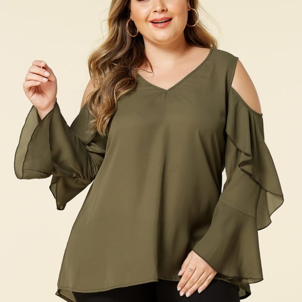 YOINS Plus Size Army Green Cold Shoulder Long Sleeves Blouse 2