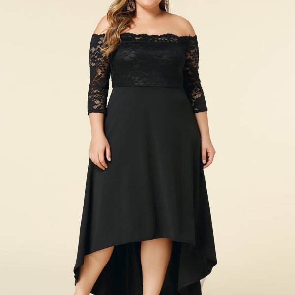 Plus Size Black Lace Off The Shoulder High Low Hem Dress 2