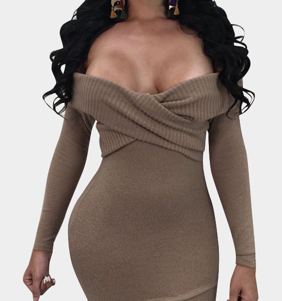 Coffee Cross Front Off Shoulder Long Sleeves Bodycon Dress 2