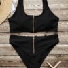 Black Sexy Scoop Neck Zipper Front High-waisted Bikini Set 3