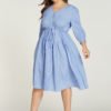 YOINS Plus Size Blue Stripe V-neck Drawstring Waist Dress 3