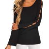 YOINS Black Round Neck Long Sleeves Cut Out Tee 3