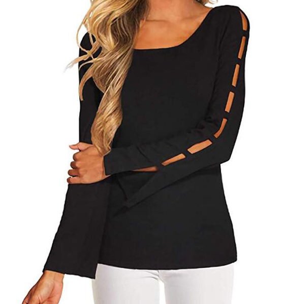YOINS Black Round Neck Long Sleeves Cut Out Tee 2