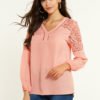 YOINS Pink Lace Insert V-neck Long Sleeves Blouse 3