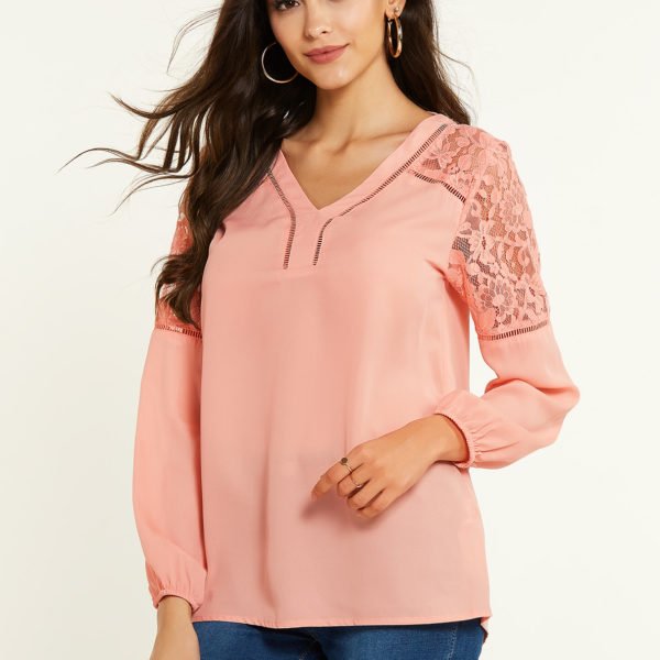 YOINS Pink Lace Insert V-neck Long Sleeves Blouse 2