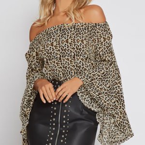 Leopard Print Elastics Off-The-Shoulder Bell Sleeves Top