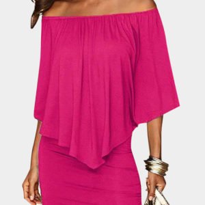 Rose Off The Shoulder Ruffles Overlay Design Mini Dress