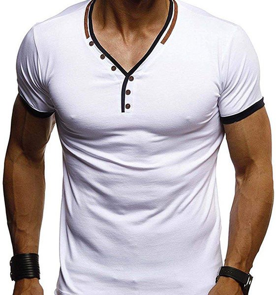 Men Casual Plain Button Stitching V-neck T-Shirts 2